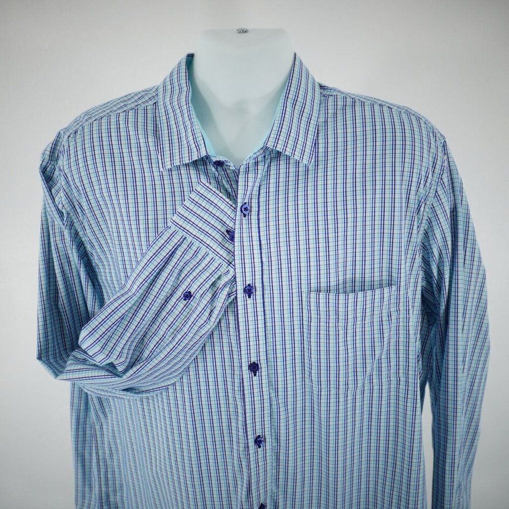 Tasso Elba XL 17-17.5 Teal Purple White Check Pocket‎ Front Collared Dress Shirt